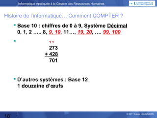 Informatique Appliquée à la Gestion des Ressources Humaines

Histoire de l’informatique… Comment COMPTER ?

 Base 10 : chiffres de 0 à 9, Système Décimal
0, 1, 2 ….. 8, 9, 10, 11…, 19, 20, …. 99, 100



11

273
+ 428
701

 D’autres systèmes : Base 12
1 douzaine d’œufs

18

© 2013 Xavier LAUGAUDIN

 