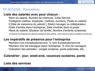 Informatique Appliquée à la Gestion des Ressources Humaines

Différents types de démarrage / Mise en Production

•Big bang
• par sous-projets
• Géographique

• Choix de la date de démarrage
198

© 2013 Xavier LAUGAUDIN

 