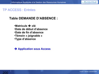 Informatique Appliquée à la Gestion des Ressources Humaines

Planning Annuel
1 – CM

Culture Générale

2 – CM

Les besoins de la Fonction Personnel
Les fonctions automatisables

3 – TP

Blog

4 – CM

Blog suite
Fonctions suite
Liaisons entre fonctions

5 – CM
6 – CM

SIRH, SI d'entreprise, Domaines & sous-domaines
Décomposition fonctionnelle
Boite Noire = Données
Rappel Excel
Préparation TP Excel

7 – CM
8 – TP

TP Excel Masse Salariale

9 – CM

Démarche Progiciel / Développement spécifique (suite)
Maîtrise d'Ouvrage, Maîtrise d'Œuvre, Organisation de projet

10 – TP

Préparation TP Access / Réalisation TP Access

11 – CM

Conduite de Projet

12 – TP

200

Automatisation : quel moyen choisir ? Quelques définitions
Démarche Progiciel / Développement spécifique
ROI

TP Excel : Mailing + fonctions élaborées + TP wiki
© 2013 Xavier LAUGAUDIN

 