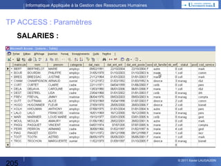 Informatique Appliquée à la Gestion des Ressources Humaines

TP ACCESS : Entrées
Entrées :
Evènement déclencheur : demande de congé prévisionnel
•Nom
•Numéro de matricule
•Date de début de l’absence
•Date de fin de l’absence
•L’employé sera-t-il joignable, pourra-t-il revenir ?
•Code absence (congés payés, RTT, congés familiaux…)

205

© 2013 Xavier LAUGAUDIN

 