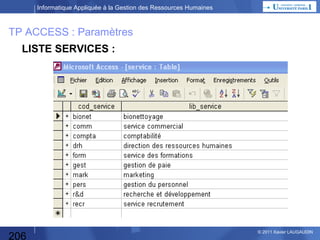 Informatique Appliquée à la Gestion des Ressources Humaines

TP ACCESS : Paramètres
Liste des salariés avec pour chacun :
•Nom du salarié, Numéro de matricule, Code Service
•Catégorie (cadres, employés, maîtrise, ouvriers), Poste du salarié,
•[ Date de naissance du salarié ], Statut manager ou collaborateur,
•Date d’entrée dans l’entreprise, Date d’entrée dans le poste
•Sexe du salarié, Situation de famille, Nombre d’enfants scolarisés
(il faudrait normalement la date de naissance des enfants, mais cela est assez complexe comme çà)

Les impératifs de présence pour l’entreprise
•Nombre mini d’employés/service, % mini d’employés/service
•Nombre mini de managers dans l’entreprise, % mini de managers
•Indication des périodes : congés scolaires, ponts potentiels, été….

Calendrier : jour, week-end, vacances scolaires, ponts
Liste des services
206

© 2013 Xavier LAUGAUDIN

 