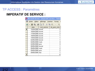 Informatique Appliquée à la Gestion des Ressources Humaines

TP ACCESS : Paramètres
SALARIES :
•Matricule
•Nom
•Prénom
•Catégorie
•Date de naissance
•Date d’entrée dans l’entreprise
•Date d’entrée dans le poste
•Sexe
•Statut familial
•Nombre d’enfants
•Statut
•Poste
•Code service

212

LISTE SERVICES :
•Code service
•Libellé service

IMPERATIF DE SERVICE :
•Date
•Code service
•Nombre de personnes minimum

CALENDRIER :
•Date
•Témoin « vacances scolaires »
•Témoin « pont »
•Témoin « week-end »
•Témoin « férié »
•Nombre de managers minimum
© 2013 Xavier LAUGAUDIN

 