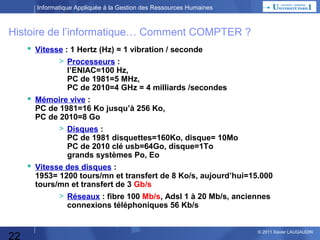Informatique Appliquée à la Gestion des Ressources Humaines

Histoire de l’informatique… Comment COMPTER ?
 Vitesse : 1 Hertz (Hz) = 1 vibration / seconde
> Processeurs :
l’ENIAC=100 Hz,
PC de 1981=5 MHz,
PC de 2010=4 GHz = 4 milliards /secondes

 Mémoire vive :

PC de 1981=16 Ko jusqu’à 256 Ko,
PC de 2010=8 Go
> Disques :
PC de 1981 disquettes=160Ko, disque= 10Mo
PC de 2010 clé usb=64Go, disque=1To
grands systèmes Po, Eo

 Vitesse des disques :

1953= 1200 tours/mn et transfert de 8 Ko/s, aujourd’hui=15.000
tours/mn et transfert de 3 Gb/s
> Réseaux : fibre 100 Mb/s, Adsl 1 à 20 Mb/s, anciennes
connexions téléphoniques 56 Kb/s

22

© 2013 Xavier LAUGAUDIN

 