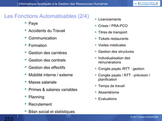 Informatique Appliquée à la Gestion des Ressources Humaines

Reprendre le planning gal (réalisé) +MàJ à chaque chgt de cours
Après le chart 78 faire décomp + BN pour le Blog
Chart 88 supprimer le tableau « format » en fin d’animation
Charts 89 et 90 : faire une copie « non triée »
Retravailler le PIVOT (charts 92 et 93)
Prévoir une version + élaborée du TP Excel
(tableau avec cadres, non-cadres, dirigeants)
Détailler Conduite du Changement chart 175
Détailler différents types de démarrage chart 176
Détailler chart 185
Chart 179 : expliquer la fonction (activité)
Chart 181 et 182 : changer les sorties + simples
Chart 185 : qu’est-ce qu’une clé, une clé primaire, pkoi, dans quels cas
Reprendre charts pour que la liste des champs soit cohérente avec
les tables dans Access
Chart 199 et suite : conduite de projet
TP Wiki ???

253

© 2013 Xavier LAUGAUDIN

 