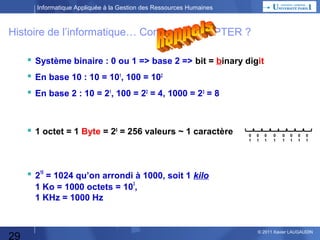 Informatique Appliquée à la Gestion des Ressources Humaines

Histoire de l’informatique… Comment COMPTER ?
 Système binaire : 0 ou 1 => base 2 => bit = binary digit
 En base 10 : 10 = 101, 100 = 102
 En base 2 : 10 = 21, 100 = 22 = 4, 1000 = 23 = 8

 1 octet = 1 Byte = 28 = 256 valeurs ~ 1 caractère

0
1

0
1

0
1

0
1

0
1

0
1

0
1

0
1

 210 = 1024 qu’on arrondi à 1000, soit 1 kilo
1 Ko = 1000 octets = 103,
1 KHz = 1000 Hz

29

© 2013 Xavier LAUGAUDIN

 