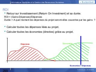 Informatique Appliquée à la Gestion des Ressources Humaines

ROI
 Retour sur Investissement (Return On Investment) et sa durée.
ROI = (Gains-Dépenses)/Dépenses
Durée = A quel moment les dépenses du projet seront-elles couvertes par les gains ?

 Calculer toutes les dépenses liées au projet.
 Calculer toutes les économies (directes) grâce au projet.

Dépenses

Economies

Economies = Dépenses

299

© 2013 Xavier LAUGAUDIN

 
