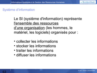 Informatique Appliquée à la Gestion des Ressources Humaines

Approche par Fonctions
Plan Stratégique
Appréciations
Et
Performances

Gestion des
Historiques :
Carrières, Formations…

Gestion Administrative
Et Statistique :
Bilan Social

Système
de Liaisons
des Fonctions
= Données

Politique
Salariale

Paye

Recrutement

GPEC

Formation
Temps de Travail

63

© 2013 Xavier LAUGAUDIN

 