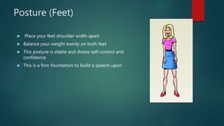 Posture (Feet)
 Place your feet shoulder width apart
 Balance your weight evenly on both feet
 This posture is stable and shows self-control and
confidence
 This is a firm foundation to build a speech upon
 