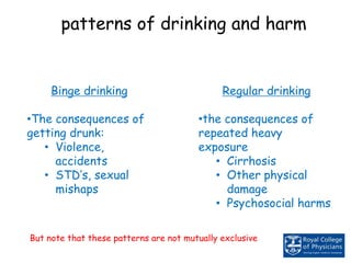 Binge drinking
•The consequences of
getting drunk:
• Violence,
accidents
• STD’s, sexual
mishaps
patterns of drinking and harm
Regular drinking
•the consequences of
repeated heavy
exposure
• Cirrhosis
• Other physical
damage
• Psychosocial harms
But note that these patterns are not mutually exclusive
 