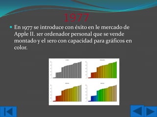  En 1977 se introduce con éxito en le mercado de

Apple II. 1er ordenador personal que se vende
montado y el 1ero con capacidad para gráficos en
color.

 