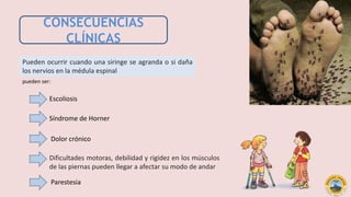 CONSECUENCIAS
CLÍNICAS
Pueden ocurrir cuando una siringe se agranda o si daña
los nervios en la médula espinal
pueden ser:
Escoliosis
Síndrome de Horner
Dolor crónico
Dificultades motoras, debilidad y rigidez en los músculos
de las piernas pueden llegar a afectar su modo de andar
Parestesia
 