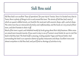 Sidi Bou Said is an excellent “base of operations” for your trip to Tunisia. Since it is located very close to
Tunis, there is plenty of things to do in and around the town. The streets of Sidi Bou Said, most of
which are quaint cobbled streets, are lined for the most part with souvenir shops, cafe’s, and art shops.
The entire town has an intense feel of artistry and craftsmanship, and the locals are very proud of their
town, and don’t hesitate to show it off.
Much of the town is quiet, and inhabited mostly by locals going about their daily business. Other areas
are aimed more towards tourists. If you want to stay in one of Tunisia’s nicest hotels, be sure to visit Dar
Said in Sidi Bou Said. The hotel itself is amazing, rivaling popular Vegas and Hawaii hotels. And
surrounding the hotel is an expensive district of quality restaurants and shops. Excellent views exist
almost everywhere in Sidi Bou Said, and you’ll find no shortage of activities to try.
 
