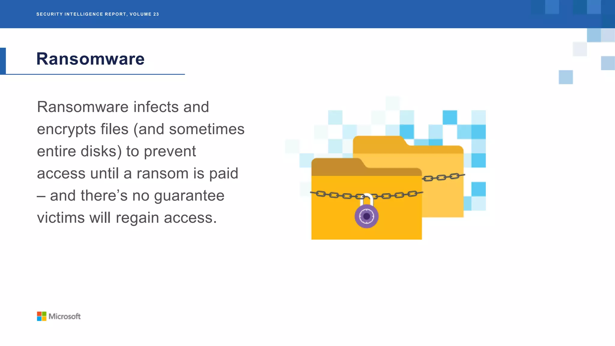 SECURIT Y INT ELLIGENCE REPORT , VOLUME 23
Ransomware
Ransomware infects and
encrypts files (and sometimes
entire disks) to prevent
access until a ransom is paid
– and there’s no guarantee
victims will regain access.
 