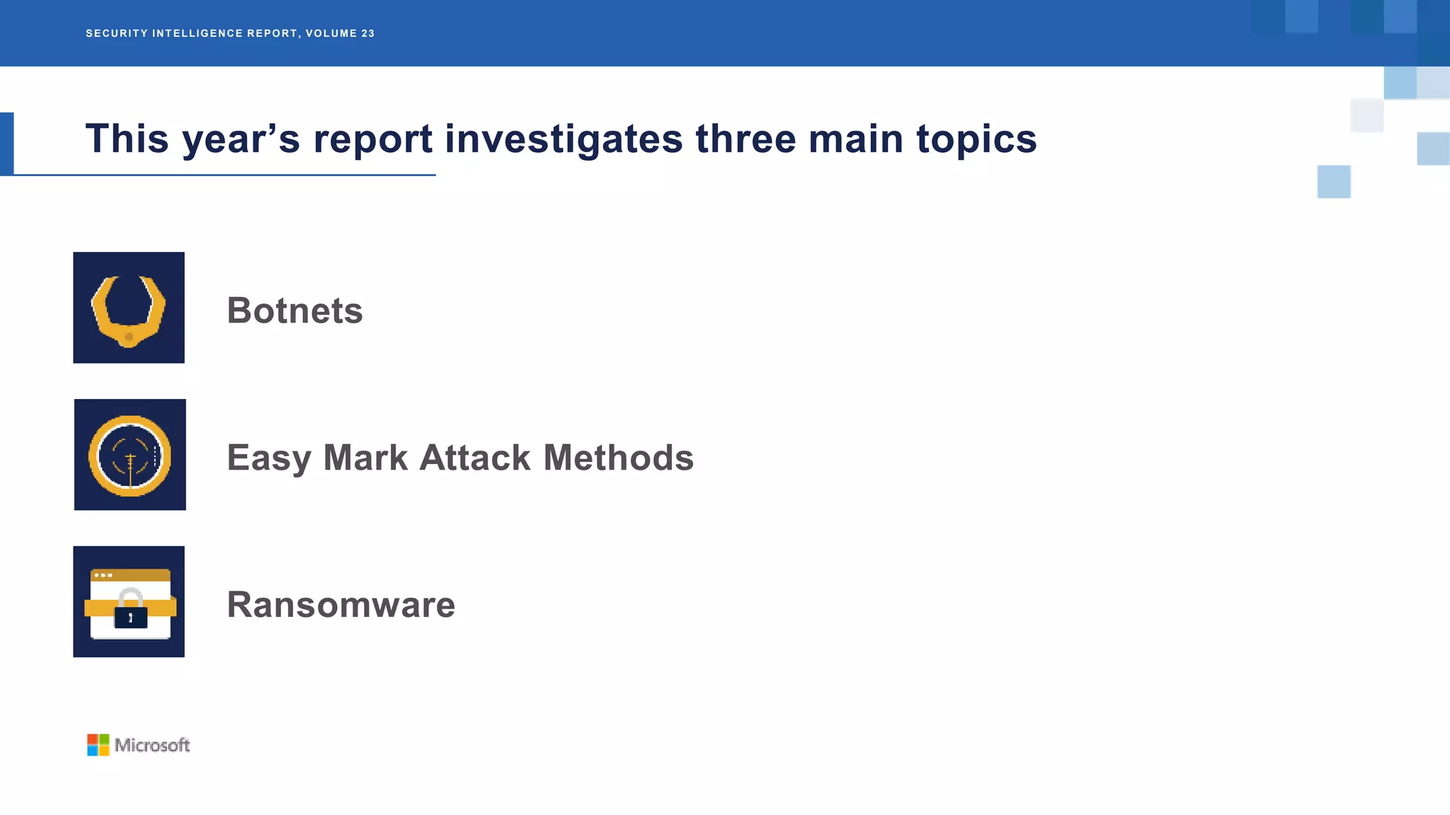 SECURIT Y INT ELLIGENCE REPORT , VOLUME 23
This year’s report investigates three main topics
Botnets
Easy Mark Attack Methods
Ransomware
 