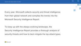 SECURIT Y INT ELLIGENCE REPORT , VOLUME 23
Every year, Microsoft collects security and threat intelligence
from their global network and compiles the trends into the
Microsoft Security Intelligence Report.
To keep up with the always evolving landscape, the
Security Intelligence Report provides a thorough analysis of
security threats and how to best mitigate the top attack types.
 