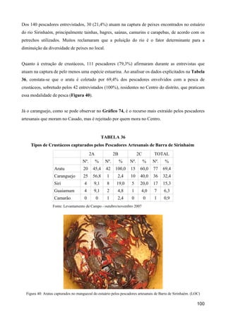 Dos 140 pescadores entrevistados, 30 (21,4%) atuam na captura de peixes encontrados no estuário
do rio Sirinhaém, principalmente tainhas, bagres, saúnas, camurins e carapebas, de acordo com os
petrechos utilizados. Muitos reclamaram que a poluição do rio é o fator determinante para a
diminuição da diversidade de peixes no local.


Quanto à extração de crustáceos, 111 pescadores (79,3%) afirmaram durante as entrevistas que
atuam na captura de pelo menos uma espécie estuarina. Ao analisar os dados explicitados na Tabela
36, constata-se que o aratu é coletado por 69,4% dos pescadores envolvidos com a pesca de
crustáceos, sobretudo pelos 42 entrevistados (100%), residentes no Centro do distrito, que praticam
essa modalidade de pesca (Figura 40).


Já o caranguejo, como se pode observar no Gráfico 74, é o recurso mais extraído pelos pescadores
artesanais que moram no Casado, mas é rejeitado por quem mora no Centro.



                                                    TABELA 36
     Tipos de Crustáceos capturados pelos Pescadores Artesanais de Barra de Sirinhaém
                                           2A              2B             2C       TOTAL
                                     Nº.        %    Nº.        %   Nº.        %   Nº.    %
                   Aratu              20    45,4     42    100,0    15     60,0    77    69,4
                   Caranguejo         25    56,8      1     2,4     10     40,0    36    32,4
                   Siri               4     9,1       8     19,0    5      20,0    17    15,3
                   Guaiamum           4     9,1       2     4,8     1      4,0     7     6,3
                   Camarão            0         0     1     2,4     0          0   1     0,9
                  Fonte: Levantamento de Campo - outubro/novembro 2007




  Figura 40: Aratus capturados no manguezal do estuário pelos pescadores artesanais de Barra de Sirinhaém. (LOC)

                                                                                                              100
 