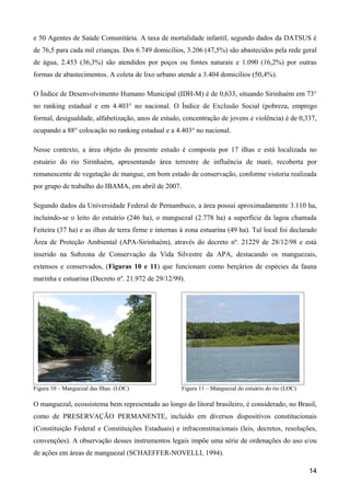 e 50 Agentes de Saúde Comunitária. A taxa de mortalidade infantil, segundo dados da DATSUS é
de 76,5 para cada mil crianças. Dos 6.749 domicílios, 3.206 (47,5%) são abastecidos pela rede geral
de água, 2.453 (36,3%) são atendidos por poços ou fontes naturais e 1.090 (16,2%) por outras
formas de abastecimentos. A coleta de lixo urbano atende a 3.404 domicílios (50,4%).

O Índice de Desenvolvimento Humano Municipal (IDH-M) é de 0,633, situando Sirinhaém em 73°
no ranking estadual e em 4.403° no nacional. O Índice de Exclusão Social (pobreza, emprego
formal, desigualdade, alfabetização, anos de estudo, concentração de jovens e violência) é de 0,337,
ocupando a 88° colocação no ranking estadual e a 4.403° no nacional.

Nesse contexto, a área objeto do presente estudo é composta por 17 ilhas e está localizada no
estuário do rio Sirinhaém, apresentando área terrestre de influência de maré, recoberta por
remanescente de vegetação de mangue, em bom estado de conservação, conforme vistoria realizada
por grupo de trabalho do IBAMA, em abril de 2007.

Segundo dados da Universidade Federal de Pernambuco, a área possui aproximadamente 3.110 ha,
incluindo-se o leito do estuário (246 ha), o manguezal (2.778 ha) a superfície da lagoa chamada
Feiteira (37 ha) e as ilhas de terra firme e internas à zona estuarina (49 ha). Tal local foi declarado
Área de Proteção Ambiental (APA-Sirinhaém), através do decreto nº. 21229 de 28/12/98 e está
inserido na Subzona de Conservação da Vida Silvestre da APA, destacando os manguezais,
extensos e conservados, (Figuras 10 e 11) que funcionam como berçários de espécies da fauna
marinha e estuarina (Decreto nº. 21.972 de 29/12/99).




Figura 10 – Manguezal das Ilhas. (LOC)               Figura 11 – Manguezal do estuário do rio (LOC)

O manguezal, ecossistema bem representado ao longo do litoral brasileiro, é considerado, no Brasil,
como de PRESERVAÇÃO PERMANENTE, incluído em diversos dispositivos constitucionais
(Constituição Federal e Constituições Estaduais) e infraconstitucionais (leis, decretos, resoluções,
convenções). A observação desses instrumentos legais impõe uma série de ordenações do uso e/ou
de ações em áreas de manguezal (SCHAEFFER-NOVELLI, 1994).

                                                                                                      14
 