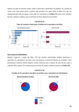 Quanto aos tipos de animais criados, ainda é observado o predomínio de galinhas. Já a criação de
outras aves, como patos, perus e gansos, que acontecia em quase todas as ilhas, teve que ser
abandonada pela falta de espaço, como pode ser visualizado no Gráfico 39, assim como rebanhos
bovinos, caprinos e eqüinos, que se tornaram inviáveis dentro da zona urbana.


                                                                                  GRÁFICO 39
                            Tipos de Animais criados pelas Famílias de Ex-moradores das Ilhas

                                Quando Residiam nas Ilhas                                                                     No Final de 2007

            Galinha                                                                 96,7

              Porco                              30                                                    Galinha                                              100

               Pato                         26,7

               Peru                       23,3




                                                                                             Animais
  Animais




                Boi             10                                                                      Porco         12,5

              Cabra             10

             Ganso          6,7

             Cavalo         6,7                                                                         Guiné         12,5

            Jumento       3,3

                      0              20               40         60          80     100                          0       20          40          60   80   100

                                                      Frequência (%)                                                                 Frequência (%)




B) Lavouras de Subsistência
Quando ocupavam a região das ilhas, 75% das famílias entrevistadas também praticavam a
agricultura de subsistência nas áreas com solo propício ao desenvolvimento da atividade. Como
praticamente nenhuma família adquiriu terreno suficiente para o plantio de uma lavoura, após a
saída das ilhas, apenas 15% ainda possuem uma área de roçado, conforme exposto no Gráfico 40.


                                                                                  GRÁFICO 40
             Famílias de Ex-moradores das Ilhas envolvidas com a Agricultura de Subsistência

                                Quando Residiam nas Ilhas                                                            No Final de 2007



                                          25%                                                                                             15%




                                                                       75%
                                                                                                                      85%




                                                                                  LEGENDA
                                                                                           Sim
                                                                                           Não

                                                                                                                                                             60
 
