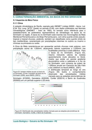 5. CARACTERIZAÇÃO AMBIENTAL DA BACIA DO RIO SIRINHAÉM
5.1 Aspectos do Meio Físico
5.1.1 Clima
A estação climatológica de Recife, operada pelo INEMET (código 82900 - Aprox. Lat:
8°04’ Sul; Long: 34°57’ Oeste) no período 61/90, com dados publicados nas Normais
Climatológicas (DNEMET - maio de 1992), foi tomada como referência para o
estabelecimento de parâmetros representativos da climatologia na bacia do rio
Sirinhaém na região. A bacia do rio Sirinhaém está inserida nas microrregiões da Mata
Meridional Pernambucana e do Brejo Pernambucano, com clima quente úmido pseudo-
tropical e tropical chuvoso, podendo, também ser classificado como quente úmido do
tipo mediterrâneo, caracterizado por precipitações máximas no outono ou inverno e
mínimas na primavera ou verão.
A Zona da Mata caracteriza-se por apresentar período chuvoso mais extenso, com
precipitação acima de 1.000mm, alcançando valores superiores a 2.000mm nas
                                                  localidades próximas à costa atlântica. Para
                                                  a bacia do rio Sirinhaém, (Figura 03),
                                                  mesmo indicando valores de isoietas
                                                  aparentemente muito elevados no litoral,
                                                  mostra que existe um grande gradiente
                                                  pluviométrico entre a cabeceira e a foz do
                                                  rio Sirinhaém, com números da ordem de
                                                  1.000mm anuais em Camocim de São Felix
                                                  e de 2.800mm no litoral (ANEEL, 2001).
                                                  A distribuição temporal ao longo do ano
Figura 03: Isoietas médias anuais na bacia do     (Figura 04) ilustra o comportamento
rio Sirinhaém. (Fonte: Inventário da bacia do rio observado     das   precipitações     médias
Sirinhaém (2006), apud ANEEL (2001)).
                                                  mensais para as estações pluviométricas de
Sirinhaém (815050), Gameleira (835026), Cortês (835014) e Barra de Guabiraba
(835002) em um período superior a 20 anos.

                                                               Sirinhaém                     Gameleira
                                                               Cortês                        Barra de Guabiraba


                                            600

                                            500
                        Precipitação (mm)




                                            400

                                            300

                                            200

                                            100

                                             0
                                                  jan   fev   mar   abr    mai   jun   jul   ago    set    out    nov   dez




  Figura 04: Distribuição das precipitações médias mensais para as estações pluviométricas de
  Sirinhaém, Gameleira, Cortês, e Barra de Guabiraba.




Laudo Biológico – Estuário do Rio Sirinhaém - PE                                                                              11
 