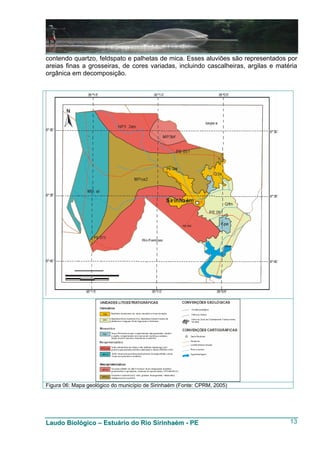contendo quartzo, feldspato e palhetas de mica. Esses aluviões são representados por
areias finas a grosseiras, de cores variadas, incluindo cascalheiras, argilas e matéria
orgânica em decomposição.




Figura 06: Mapa geológico do município de Sirinhaém (Fonte: CPRM, 2005)




Laudo Biológico – Estuário do Rio Sirinhaém - PE                                    13
 