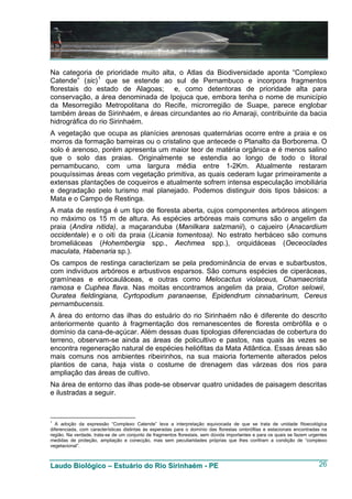 Na categoria de prioridade muito alta, o Atlas da Biodiversidade aponta “Complexo
Catende” (sic) 1 que se estende ao sul de Pernambuco e incorpora fragmentos
florestais do estado de Alagoas; e, como detentoras de prioridade alta para
conservação, a área denominada de Ipojuca que, embora tenha o nome de município
da Mesorregião Metropolitana do Recife, microrregião de Suape, parece englobar
também áreas de Sirinhaém, e áreas circundantes ao rio Amaraji, contribuinte da bacia
hidrográfica do rio Sirinhaém.
A vegetação que ocupa as planícies arenosas quaternárias ocorre entre a praia e os
morros da formação barreiras ou o cristalino que antecede o Planalto da Borborema. O
solo é arenoso, porém apresenta um maior teor de matéria orgânica e é menos salino
que o solo das praias. Originalmente se estendia ao longo de todo o litoral
pernambucano, com uma largura média entre 1-2Km. Atualmente restaram
pouquíssimas áreas com vegetação primitiva, as quais cederam lugar primeiramente a
extensas plantações de coqueiros e atualmente sofrem intensa especulação imobiliária
e degradação pelo turismo mal planejado. Podemos distinguir dois tipos básicos: a
Mata e o Campo de Restinga.
A mata de restinga é um tipo de floresta aberta, cujos componentes arbóreos atingem
no máximo os 15 m de altura. As espécies arbóreas mais comuns são o angelim da
praia (Andira nitida), a maçaranduba (Manilkara salzmanii), o cajueiro (Anacardium
occidentale) e o oiti da praia (Licania tomentosa). No estrato herbáceo são comuns
bromeliáceas (Hohembergia spp., Aechmea spp.), orquidáceas (Oeceoclades
maculata, Habenaria sp.).
Os campos de restinga caracterizam se pela predominância de ervas e subarbustos,
com indivíduos arbóreos e arbustivos esparsos. São comuns espécies de ciperáceas,
gramíneas e eriocauláceas, e outras como Melocactus violaceus, Chamaecrista
ramosa e Cuphea flava. Nas moitas encontramos angelim da praia, Croton selowii,
Ouratea fieldingiana, Cyrtopodium paranaense, Epidendrum cinnabarinum, Cereus
pernambucensis.
A área do entorno das ilhas do estuário do rio Sirinhaém não é diferente do descrito
anteriormente quanto à fragmentação dos remanescentes de floresta ombrófila e o
domínio da cana-de-açúcar. Além dessas duas tipologias diferenciadas de cobertura do
terreno, observam-se ainda as áreas de policultivo e pastos, nas quais às vezes se
encontra regeneração natural de espécies heliófitas da Mata Atlântica. Essas áreas são
mais comuns nos ambientes ribeirinhos, na sua maioria fortemente alterados pelos
plantios de cana, haja vista o costume de drenagem das várzeas dos rios para
ampliação das áreas de cultivo.
Na área de entorno das ilhas pode-se observar quatro unidades de paisagem descritas
e ilustradas a seguir.


1
   A adoção da expressão “Complexo Catende” leva a interpretação equivocada de que se trata de unidade fitoecológica
diferenciada, com características distintas às esperadas para o domínio das florestas ombrófilas e estacionais encontradas na
região. Na verdade, trata-se de um conjunto de fragmentos florestais, sem dúvida importantes e para os quais se fazem urgentes
medidas de proteção, ampliação e conecção, mas sem peculiaridades próprias que lhes confiram a condição de “complexo
vegetacional”.



Laudo Biológico – Estuário do Rio Sirinhaém - PE                                                                          26
 