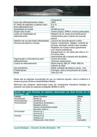 manguezais
Início dos reflorestamentos mistos          2000
N° médio de espécies no plantio misto       6 a 10
Área reflorestada (ha)                      253
Quantidade de mudas                         45.000 por ano
Origem das mudas                            Viveiro próprio, IPMA e viveiros particulares
Locais de implantação do                    Margens de rio, áreas de encosta pouco
reflorestamento                             interessantes para o plantio de cana-de-
                                            açúcar
Histórico de uso das áreas reflorestadas    Lavoura de cana-de-açúcar e sítios
Técnicas de plantio e manejo                Capina, coroamento, calagem, controle de
                                            formiga, adubação (adubo super simples)
                                            Replantio de mudas mortas (geralmente
                                            com Acacia australiana)
                                            Espaçamento 4 x 4m (área não ciliar) e 3 x
                                            3m (área ciliar)
                                            Intervenções até o terceiro ano de plantio
Organização e infra-estrutura para          Viveiro de mudas
reflorestamento                             Técnicos responsáveis
Custos do reflorestamento                   Muda própria: R$0,30. IPMA: R$0,40.
                                            Valores de 2005
Uso econômico                               Sabiá: extração de estaca e cerca - viva
Problemáticas                               Formigas, seca e fornecimento de mudas
Metas                                       30ha por ano


Raras são as espécies encontradas de uso na medicina popular, como a colônia e a
aroeira da praia (Schinus terebinthifolius Raddi).
Nenhuma das espécies relacionadas pode ser considerada indicadora biológica ou
presente nas listas de espécies protegidas IBAMA e IUCN.

Quadro 02: Lista florística de espécies observadas nas ilhas fluviais do rio
Sirinhaém – PE.
Família               Nome Científico                                      Hábito
Acanthaceae           Ruellia sp                                           herb.
Amaranthaceae         Gomphrena sp                                         herb.
Anacardiaceae         Anacardium occidentale L.                            arv.
                      Mangifera indica L.                                  arv.
                      Schinus terebinthifolius Raddi                       arv.
                      Spondias mobim L.                                    arv.
Annonaceae            Annona sp 1                                          arv.
                      Annona sp 2                                          arb.
Araceae               Anthurium sp                                         herb.
                      Caladium sp                                          herb.
                      Philodendron imbe Schott                             hemiepifita



Laudo Biológico – Estuário do Rio Sirinhaém - PE                                         36
 