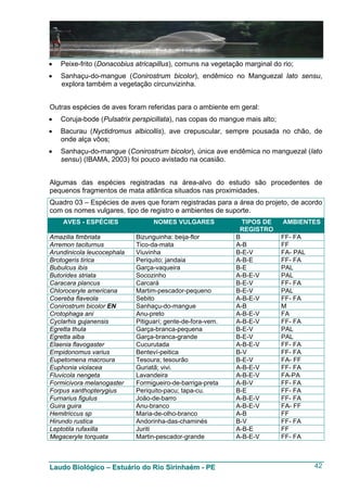 •   Peixe-frito (Donacobius atricapillus), comuns na vegetação marginal do rio;
•   Sanhaçu-do-mangue (Conirostrum bicolor), endêmico no Manguezal lato sensu,
    explora também a vegetação circunvizinha.


Outras espécies de aves foram referidas para o ambiente em geral:
•   Coruja-bode (Pulsatrix perspicillata), nas copas do mangue mais alto;
•   Bacurau (Nyctidromus albicollis), ave crepuscular, sempre pousada no chão, de
    onde alça vôos;
•   Sanhaçu-do-mangue (Conirostrum bicolor), única ave endêmica no manguezal (lato
    sensu) (IBAMA, 2003) foi pouco avistado na ocasião.


Algumas das espécies registradas na área-alvo do estudo são procedentes de
pequenos fragmentos de mata atlântica situados nas proximidades.
Quadro 03 – Espécies de aves que foram registradas para a área do projeto, de acordo
com os nomes vulgares, tipo de registro e ambientes de suporte.
    AVES - ESPÉCIES               NOMES VULGARES              TIPOS DE      AMBIENTES
                                                             REGISTRO
Amazilia fimbriata          Bizunguinha: beija-flor         B               FF- FA
Arremon taciturnus          Tico-da-mata                    A-B             FF
Arundinicola leucocephala   Viuvinha                        B-E-V           FA- PAL
Brotogeris tirica           Periquito; jandaia              A-B-E           FF- FA
Bubulcus ibis               Garça-vaqueira                  B-E             PAL
Butorides striata           Socozinho                       A-B-E-V         PAL
Caracara plancus            Carcará                         B-E-V           FF- FA
Chloroceryle americana      Martim-pescador-pequeno         B-E-V           PAL
Coereba flaveola            Sebito                          A-B-E-V         FF- FA
Conirostrum bicolor EN      Sanhaçu-do-mangue               A-B             M
Crotophaga ani              Anu-preto                       A-B-E-V         FA
Cyclarhis gujanensis        Pitiguarí; gente-de-fora-vem.   A-B-E-V         FF- FA
Egretta thula               Garça-branca-pequena            B-E-V           PAL
Egretta alba                Garça-branca-grande             B-E-V           PAL
Elaenia flavogaster         Cucurutada                      A-B-E-V         FF- FA
Empidonomus varius          Benteví-peitica                 B-V             FF- FA
Eupetomena macroura         Tesoura; tesourão               B-E-V           FA- FF
Euphonia violacea           Guriatã; vivi.                  A-B-E-V         FF- FA
Fluvicola nengeta           Lavandeira                      A-B-E-V         FA-PA
Formicivora melanogaster    Formigueiro-de-barriga-preta    A-B-V           FF- FA
Forpus xanthopterygius      Periquito-pacu; tapa-cu.        B-E             FF- FA
Furnarius figulus           João-de-barro                   A-B-E-V         FF- FA
Guira guira                 Anu-branco                      A-B-E-V         FA- FF
Hemitriccus sp              Maria-de-olho-branco            A-B             FF
Hirundo rustica             Andorinha-das-chaminés          B-V             FF- FA
Leptotila rufaxilla         Juriti                          A-B-E           FF
Megaceryle torquata         Martin-pescador-grande          A-B-E-V         FF- FA



Laudo Biológico – Estuário do Rio Sirinhaém - PE                                      42
 