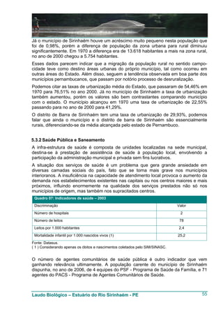 Já o município de Sirinhaém houve um acréscimo muito pequeno nesta população que
foi de 0,98%, porém a diferença de população da zona urbana para rural diminuiu
significantemente. Em 1970 a diferença era de 13.618 habitantes a mais na zona rural,
no ano de 2000 chegou a 5.754 habitantes.
Esses dados parecem indicar que a migração da população rural no sentido campo-
cidade teve como destino áreas urbanas do próprio município, tal como ocorreu em
outras áreas do Estado. Além disso, seguem a tendência observada em boa parte dos
municípios pernambucanos, que passam por notório processo de desruralização.
Podemos citar as taxas de urbanização média do Estado, que passaram de 54,46% em
1970 para 76,51% no ano 2000. Já no município de Sirinhaém a taxa de urbanização
também aumentou, porém os valores são bem contrastantes comparando município
com o estado. O município alcançou em 1970 uma taxa de urbanização de 22,55%
passando para no ano de 2000 para 41,29%.
O distrito de Barra de Sirinhaém tem uma taxa de urbanização de 29,93%, podemos
falar que ainda o município e o distrito de barra de Sirinhaém são essencialmente
rurais, diferenciando-se da média alcançada pelo estado de Pernambuco.


5.3.2 Saúde Pública e Saneamento
A infra-estrutura de saúde é composta de unidades localizadas na sede municipal,
destina-se à prestação de assistência de saúde à população local, envolvendo a
participação da administração municipal e privada sem fins lucrativos.
A situação dos serviços de saúde é um problema que gera grande ansiedade em
diversas camadas sociais do país, fato que se torna mais grave nos municípios
interioranos. A insuficiência na capacidade de atendimento local provoca o aumento da
demanda nos estabelecimentos existentes nas capitais ou nos centros maiores e mais
próximos, influindo enormemente na qualidade dos serviços prestados não só nos
municípios de origem, mas também nos supracitados centros.
 Quadro 07: Indicadores de saúde – 2003
 Discriminação                                                                 Valor
 Número de hospitais                                                            2
 Número de leitos                                                               78
 Leitos por 1.000 habitantes                                                    2,4
 Mortalidade infantil por 1.000 nascidos vivos (1)                             25,2
Fonte: Datasus.
( 1 ) Considerando apenas os óbitos e nascimentos coletados pelo SIM/SINASC.


O número de agentes comunitários de saúde pública é outro indicador que vem
ganhando relevância ultimamente. A população carente do município de Sirinhaém
dispunha, no ano de 2006, de 4 equipes do PSF - Programa de Saúde da Família, e 71
agentes do PACS - Programa de Agentes Comunitários de Saúde.



Laudo Biológico – Estuário do Rio Sirinhaém - PE                                       55
 