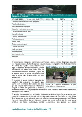 Quadro 18: Dificuldades identificadas por pescadores de Barra de Sirinhaém para trabalhar na
estuário do rio Sirinhaém
DIFICULDADES DOS PESCADORES DA BARRA DE SERINHAÉM                    TOTAL           %
Diminuição na oferta de recursos pesqueiros                            54           38,6
Fiscalização da Usina                                                  33           23,6
Falta de embarcação própria                                            29           20,7
Mosquitos e animais peçonhentos                                        25           17,9
Dificuldade de acesso às ilhas                                         18           12,9
Marés Impróprias                                                       6            4,3
Lanchas dos veranistas                                                 5            3,6
Período de inverno                                                     4            2,9
Ventos fortes                                                          2            1,4
Trabalhar de madrugada                                                 1            0,7
Crianças pequenas                                                      1            0,7
Idade avançada                                                         1            0,7
Mangue fechado                                                         1            0,7
Lama afunda muito                                                      1            0,7
Nenhuma                                                                7             5


 A presença de mosquitos e animais peçonhentos é conseqüência da prórpia poluição
por dejetos urbanos. Entende-se que a ausência do poder público na oferta de sistema
de coleta de esgoto é um problema que
foge ao controle destes moradores, porém
a coleta de lixo é realizada, como pode ser
comprovado em visita a campo (Figura 34)
e, mesmo assim, o lixo é lançado sobre o
solo e água nas proximidades de suas
residências.
A segunda e quarta maiores queixas são
resultado do problema provocado pela
Usina com o sistema de fiscalização para Figura 34: Caçamba estacionaria e garis
que os antigos moradores não retornem a observados em visita a campo
ocupar as ilhas, em processo já relatado
neste documento. E que poderá ser minimizado com a criação da Reserva Extrativista
pretendida pelo IBAMA.
O registro de demanda por aquisição de embarcação já pressupõe uma pesca mais
intensiva, nos pesqueiros em alto mar, e não nas águas do rio Sirinhaém, onde a pesca
deve se dar de forma artesanal com, no máximo, pequenas embarcações individuais.
Havendo necessidade de um plano de manejo da pesca no leito do rio, para que a
atividade se torne sustentável, dando oportunidade aos peixes que estão



Laudo Biológico – Estuário do Rio Sirinhaém - PE                                           70
 