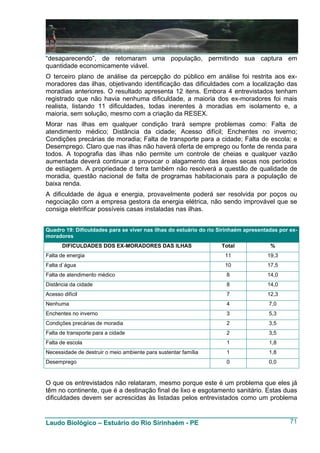 “desaparecendo”, de retomaram uma população, permitindo sua captura em
quantidade economicamente viável.
O terceiro plano de análise da percepção do público em análise foi restrita aos ex-
moradores das ilhas, objetivando identificação das dificuldades com a localização das
moradias anteriores. O resultado apresenta 12 itens. Embora 4 entrevistados tenham
registrado que não havia nenhuma dificuldade, a maioria dos ex-moradores foi mais
realista, listando 11 dificuldades, todas inerentes à moradias em isolamento e, a
maioria, sem solução, mesmo com a criação da RESEX.
Morar nas ilhas em qualquer condição trará sempre problemas como: Falta de
atendimento médico; Distância da cidade; Acesso difícil; Enchentes no inverno;
Condições precárias de moradia; Falta de transporte para a cidade; Falta de escola; e
Desemprego. Claro que nas ilhas não haverá oferta de emprego ou fonte de renda para
todos. A topografia das ilhas não permite um controle de cheias e qualquer vazão
aumentada deverá continuar a provocar o alagamento das áreas secas nos períodos
de estiagem. A propriedade d terra também não resolverá a questão de qualidade de
moradia, questão nacional de falta de programas habitacionais para a população de
baixa renda.
A dificuldade de água e energia, provavelmente poderá ser resolvida por poços ou
negociação com a empresa gestora da energia elétrica, não sendo improvável que se
consiga eletrificar possíveis casas instaladas nas ilhas.


Quadro 19: Dificuldades para se viver nas ilhas do estuário do rio Sirinhaém apresentadas por ex-
moradores
       DIFICULDADES DOS EX-MORADORES DAS ILHAS                     Total              %
Falta de energia                                                     11              19,3
Falta d`água                                                         10              17,5
Falta de atendimento médico                                          8               14,0
Distância da cidade                                                  8               14,0
Acesso difícil                                                       7               12,3
Nenhuma                                                              4                7,0
Enchentes no inverno                                                 3                5,3
Condições precárias de moradia                                       2                3,5
Falta de transporte para a cidade                                    2                3,5
Falta de escola                                                      1                1,8
Necessidade de destruir o meio ambiente para sustentar família       1                1,8
Desemprego                                                           0                0,0


O que os entrevistados não relataram, mesmo porque este é um problema que eles já
têm no continente, que é a destinação final de lixo e esgotamento sanitário. Estas duas
dificuldades devem ser acrescidas às listadas pelos entrevistados como um problema


Laudo Biológico – Estuário do Rio Sirinhaém - PE                                              71
 