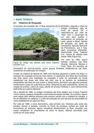4. BASE TEÓRICA
4.1   Histórico de Ocupação
O processo de ocupação das 17 ilhas estuarinas do rio Sirinhaém, segundo o relato de
                                                      antigos moradores, data do
                                                      início do século XX, e
                                                      intensificou-se por volta de
                                                      1920. Com a construção de
                                                      um cais para auxiliar o
                                                      escoamento da produção de
                                                      cana, açúcar e álcool, através
                                                      de barcaças, por parte da
                                                      Companhia Agrícola Mercantil
                                                      de Pernambuco, que é hoje,
                                                      após sucessivas alterações,
                                                      denominada Usina Trapiche
                                                      S.A., foreira da referida área
                                                      desde 1898 (Figura 02).
                                                      Por volta de 1959, quatro
Figura 02: Antigo cais utilizado pela Usina Trapiche. famílias residiam nas ilhas
Out/2007 (LO)                                         Grande, Clemente, Macaco e
                                                      Porto Tijolo. Em períodos de
entressafra da cana-de-açúcar, outros grupos familiares instalavam-se nas ilhas,
subsistindo da exploração do mangue.
A partir de meados da década de 1960 mais famílias passaram a residir nas ilhas e o
processo de ocupação tornou-se mais intenso. O casamento dos filhos dos moradores
das ilhas gerou uma ampliação na ocupação a partir de construção de novas
residências nas áreas dos sítios dos pais, que já se sentiam os verdadeiros
proprietários das ilhas em que viviam e, dessa forma, permitiam que algumas pessoas
construíssem casas em suas ilhas ou sítios, utilizando-as para subsistência, através da
criação de animais, cultivo de roças, plantio de árvores frutíferas e, mais intensamente,
dedicando-se à pesca artesanal.
Até a década de 1980, os antigos moradores das ilhas relatam que a Usina Trapiche
nunca colocou qualquer empecilho à permanência dessas famílias. Ao contrário, alguns
eram pagos pela referida empresa para produzir carvão com a madeira do mangue, a
fim de abastecer as caldeiras, e cuidar da produção de coco-da-baía de propriedade da
usina estabelecida em algumas ilhas.
Por volta de 1988, a usina demonstrou, pela primeira vez, interesse pela saída das
famílias. Devido à pressão, ocorrida na forma de ameaças verbais por parte de
funcionários da empresa, alguns moradores abandonaram as ilhas, enquanto que
outros contataram os proprietários da usina na época, obtendo permissão para
continuar em suas casas.




Laudo Biológico – Estuário do Rio Sirinhaém - PE                                       4
 