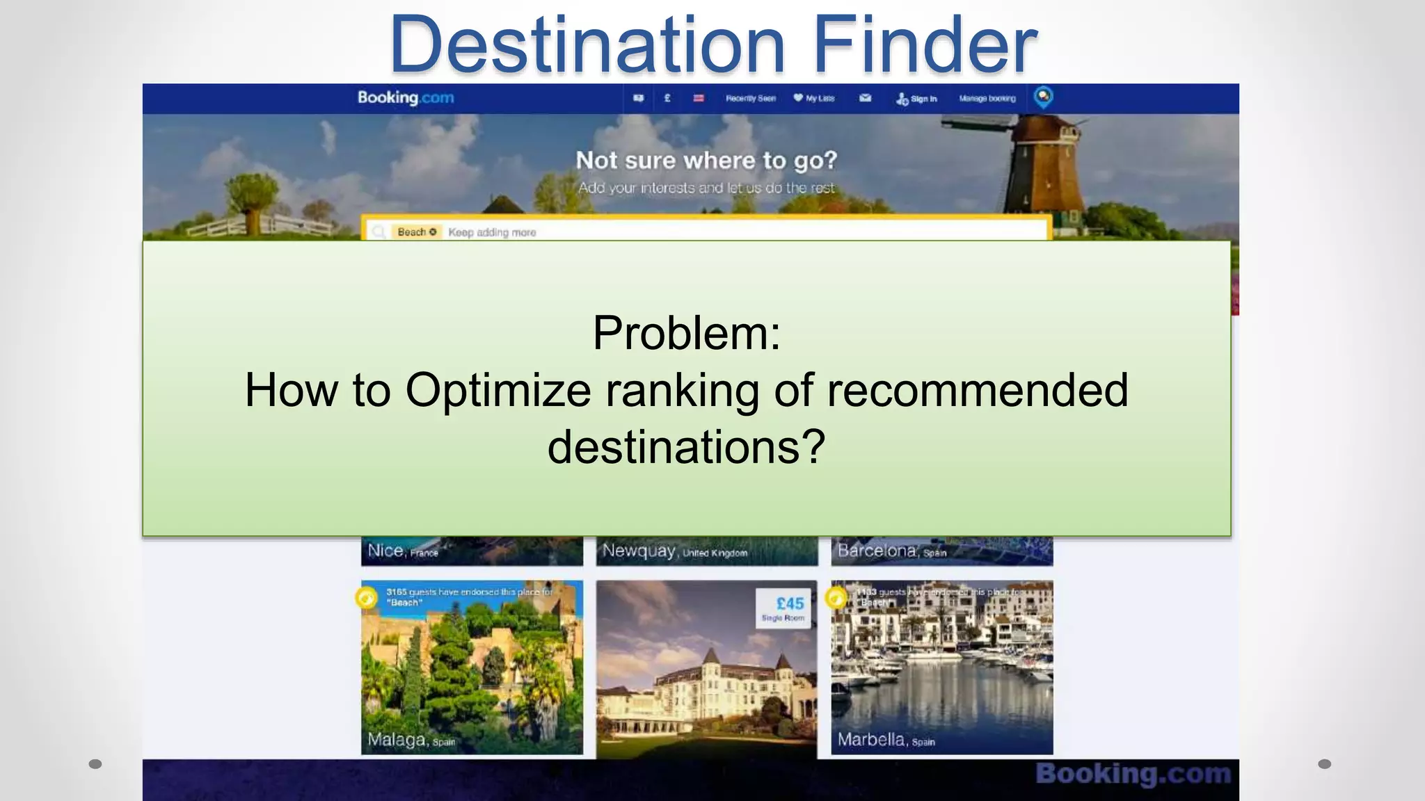 Destination Finder
Problem:
How to Optimize ranking of recommended
destinations?
 