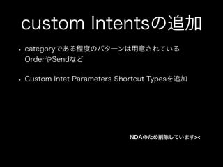 custom Intentsの追加
• categoryである程度のパターンは用意されている 
OrderやSendなど
• Custom Intet Parameters Shortcut Typesを追加
NDAのため削除しています><
 