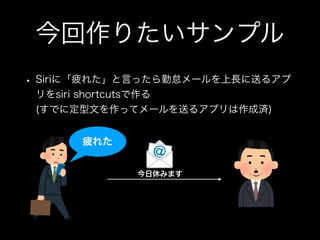 今回作りたいサンプル
• Siriに「疲れた」と言ったら勤怠メールを上長に送るアプ
リをsiri shortcutsで作る 
(すでに定型文を作ってメールを送るアプリは作成済)
疲れた
今日休みます
 