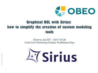 1
©Copyright2016Obeo
Graphical DSL with Sirius:
how to simplify the creation of custom modeling
tools
Etienne JULIOT – 2017 04 26
Craft-Conf Workshop Eclipse ToolMakers’Day
 