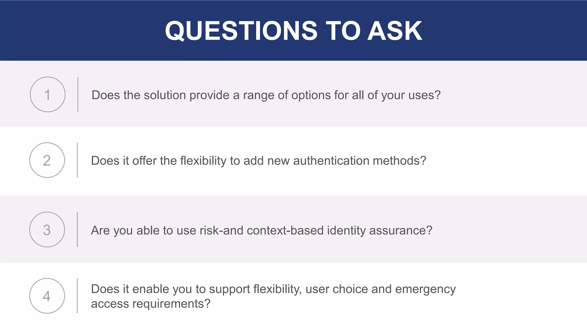 Does the solution provide a range of options for all of your uses?1
Does it offer the flexibility to add new authentication methods?2
Are you able to use risk-and context-based identity assurance?3
Does it enable you to support flexibility, user choice and emergency
access requirements?
4
QUESTIONS TO ASK
 
