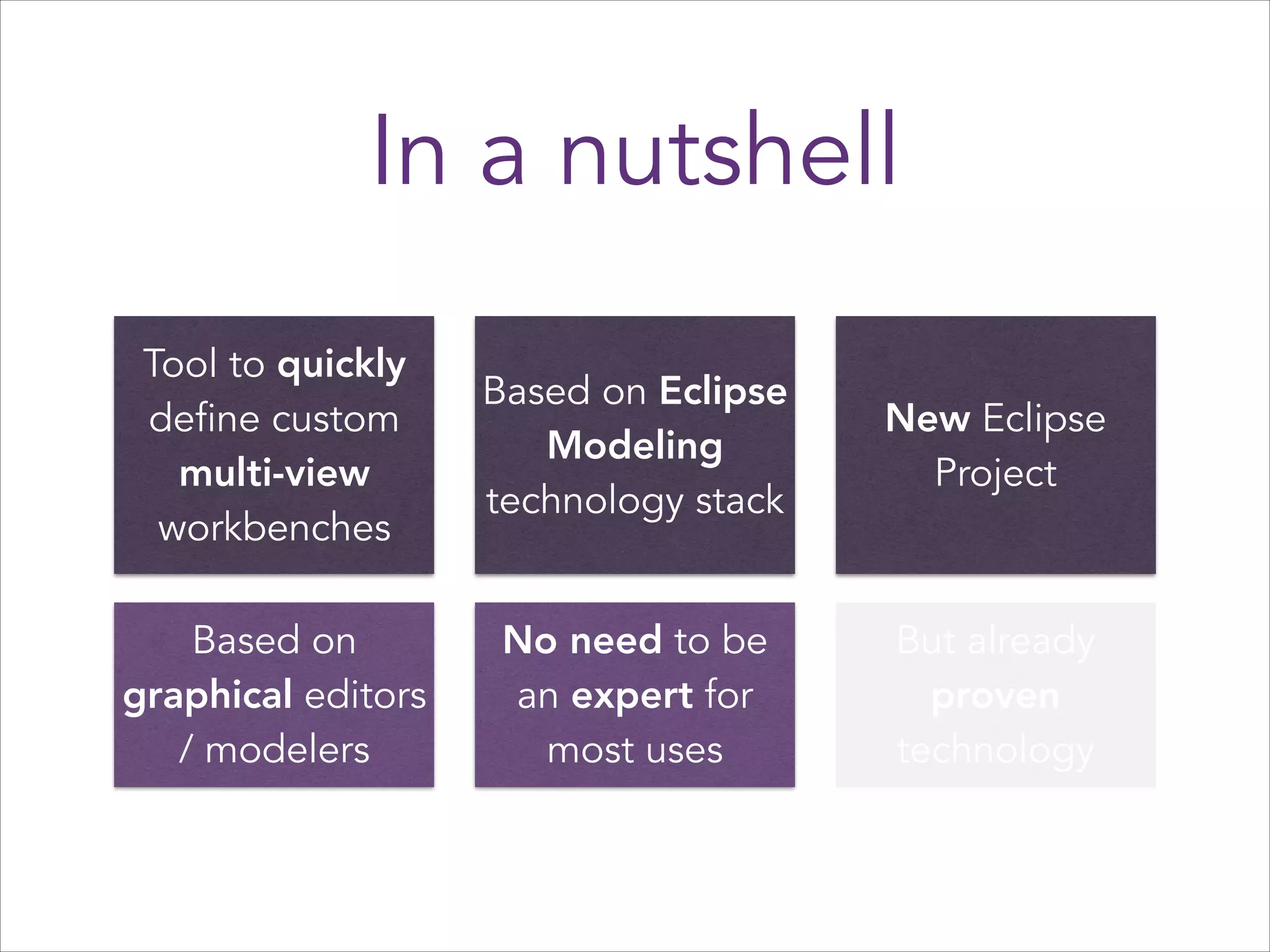In a nutshell
Tool to quickly
define custom
multi-view
workbenches

Based on Eclipse
Modeling
technology stack

New Eclipse
Project

Based on
graphical editors
/ modelers

No need to be
an expert for
most uses

But already
proven
technology

 