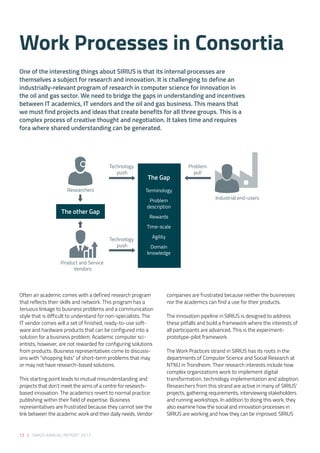 72 | SIRIUS ANNUAL REPORT 2017
Often an academic comes with a defined research program
that reflects their skills and network. This program has a
tenuous linkage to business problems and a communication
style that is difficult to understand for non-specialists. The
IT vendor comes will a set of finished, ready-to-use soft-
ware and hardware products that can be configured into a
solution for a business problem. Academic computer sci-
entists, however, are not rewarded for configuring solutions
from products. Business representatives come to discussi-
ons with “shopping lists” of short-term problems that may
or may not have research-based solutions. 
 
This starting point leads to mutual misunderstanding and
projects that don’t meet the aims of a centre for research-
based innovation. The academics revert to normal practice:
publishing within their field of expertise. Business
representatives are frustrated because they cannot see the
link between the academic work and their daily needs. Vendor
companies are frustrated because neither the businesses
nor the academics can find a use for their products.
The innovation pipeline in SIRIUS is designed to address
these pitfalls and build a framework where the interests of
all participants are advanced. This is the experiment-
prototype-pilot framework. 
The Work Practices strand in SIRIUS has its roots in the
departments of Computer Science and Social Research at
NTNU in Trondheim. Their research interests include how
complex organizations work to implement digital
transformation, technology implementation and adoption.
Researchers from this strand are active in many of SIRIUS’
projects, gathering requirements, interviewing stakeholders
and running workshops. In addition to doing this work, they
also examine how the social and innovation processes in
SIRIUS are working and how they can be improved. SIRIUS
Product and Service
Vendors
Researchers
Industrial end-users
Technology
push
Technology
push
Problem
pull
The Gap
The other Gap
Terminology
Problem
description
Rewards
Time-scale
Agility
Domain
knowledge
One of the interesting things about SIRIUS is that its internal processes are
themselves a subject for research and innovation. It is challenging to define an
industrially-relevant program of research in computer science for innovation in
the oil and gas sector. We need to bridge the gaps in understanding and incentives
between IT academics, IT vendors and the oil and gas business. This means that
we must find projects and ideas that create benefits for all three groups. This is a
complex process of creative thought and negotiation. It takes time and requires
fora where shared understanding can be generated. 
Work Processes in Consortia 
 