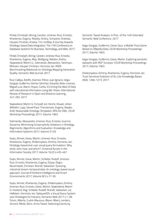 86 | SIRIUS ANNUAL REPORT 2017
Pinkel, Christoph; Binnig, Carsten; Jiménez-Ruiz, Ernesto;
Kharlamov, Evgeny; Nikolov, Andriy; Schwarte, Andreas;
Heupel, Christian; Kraska, Tim. IncMap: A Journey towards
Ontology-based Data Integration. The 17th Conference on
Database Systems for Business, Technology, and Web. 2017. 
 
Pinkel, Christoph; Binnig, Carsten; Jiménez-Ruiz, Ernesto;
Kharlamov, Evgeny; May, Wolfgang; Nikolov, Andriy;
Skjæveland, Martin G.; Solimando, Alessandro; Taheriyan,
Mohsen; Heupel, Christian; Horrocks, Ian. RODI:
Benchmarking Relational-to-Ontology Mapping Generation
Quality. Semantic Web Journal. 2017 
 
Ruiz-Calleja, Adolfo; Asensio-Pérez, Juan Ignacio; Vega-
Gorgojo, Guillermo; Gómez-Sánchez, Eduardo; Bote-Lorenzo,
Miguel Luis; Alario-Hoyos, Carlos. Enriching the Web of Data
with educational information using We-Share. International
Review of Research in Open and Distance Learning,
247-265. 2017 
 
Skjæveland, Martin G; Forssell, Jon Henrik; Kluwer, Johan
Wilhelm; Lupp, Daniel Paul; Thorstensen, Evgenij; Waaler,
Arild. Reasonable Ontology Templates: APIs for OWL. CEUR
Workshop Proceedings 2017; Volume 1963. 
 
Solimando, Alessandro; Jimenez-Ruiz, Ernesto; Guerrini,
Giovanna. Minimizing Conservativity Violations in Ontology
Alignments: Algorithms and Evaluation. Knowledge and
Information Systems 2017; Volume 51.(3) 
 
Soylu, Ahmet; Giese, Martin; Jimenez-Ruiz, Ernesto;
Kharlamov, Evgeny; Zheleznyakov, Dmitriy; Horrocks, Ian.
Ontology-based end-user visual query formulation: Why,
what, who, how, and which?. Universal Access in the
Information Society 2017; Volume 16.(2) s.435-467 
  
Soylu, Ahmet; Giese, Martin; Schlatte, Rudolf; Jimenez-
Ruiz, Ernesto; Kharlamov, Evgeny; Özçep, Özgür;
Neuenstadt, Christian; Brandt, Sebastian. Querying
industrial stream-temporal data: An ontology-based visual
approach. Journal of Ambient Intelligence and Smart
Environments 2017; Volume 9(1) s.77-95 
  
Soylu, Ahmet; Kharlamov, Evgeny; Zheleznyakov, Dmitriy;
Jimenez-Ruiz, Ernesto; Giese, Martin; Skjæveland, Martin
G; Hovland, Dag; Schlatte, Rudolf; Brandt, Sebastian; Lie,
Hallstein; Horrocks, Ian. OptiqueVQS: a Visual Query System
over Ontologies for Industry. Semantic Web 2017 s.1-28 
Tonon, Alberto; Cudré-Mauroux; Blarer, Albert; Lenders,
Vincent; Motik, Boris. Arma Tweet: Detecting Events by
Semantic Tweet Analysis. In Proc. of the 14th Extended
Semantic Web Conference. 2017 
 
Vega-Gorgojo, Guillermo. Clover Quiz: a Mobile Trivia Game
Based on DBpedia Data. CEUR Workshop Proceedings
2017; Volume 1963. 
 
Vega-Gorgojo, Guillermo; Giese, Martin. Exploring semantic
datasets with RDF Surveyor. CEUR Workshop Proceedings
2017; Volume 1963. 
 
Zheleznyakov, Dmitriy; Kharlamov, Evgeny; Horrocks, Ian.
Trust-Sensitive Evolution of DL-Lite Knowledge Bases.
AAAI, 1266-1273. 2017 
 
 