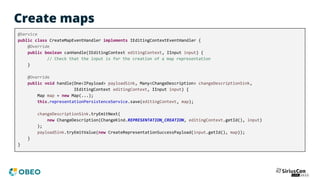 Create maps
@Service
public class CreateMapEventHandler implements IEditingContextEventHandler {
@Override
public boolean canHandle(IEditingContext editingContext, IInput input) {
// Check that the input is for the creation of a map representation
}
@Override
public void handle(One<IPayload> payloadSink, Many<ChangeDescription> changeDescriptionSink,
IEditingContext editingContext, IInput input) {
Map map = new Map(...);
this.representationPersistenceService.save(editingContext, map);
changeDescriptionSink.tryEmitNext(
new ChangeDescription(ChangeKind.REPRESENTATION_CREATION, editingContext.getId(), input)
);
payloadSink.tryEmitValue(new CreateRepresentationSuccessPayload(input.getId(), map));
}
}
 