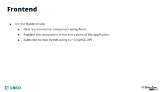 Frontend
■ On the frontend side
■ New representation component using React
■ Register the component in the entry point of the application
■ Subscribe to map events using our GraphQL API
 