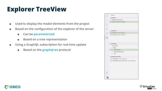 Explorer TreeView
■ Used to display the model elements from the project
■ Based on the conﬁguration of the explorer of the server
■ Can be parameterized
■ Based on a tree representation
■ Using a GraphQL subscription for real time update
■ Based on the graphql-ws protocol
 