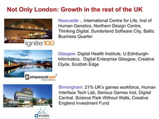 16 Presentation title - edit in the Master slide
Birmingham: 21% UK’s games workforce, Human
Interface Tech Lab, Serious Games Inst, Digital
Central, Science Park Without Walls, Creative
England Investment Fund
Not Only London: Growth in the rest of the UK
Newcastle :, International Centre for Life, Inst of
Human Genetics, Northern Design Centre,
Thinking Digital, Sunderland Software City, Baltic
Business Quarter
Glasgow: Digital Health Institute, U.Edinburgh-
Informatics, Digital Enterprise Glasgow, Creative
Clyde, Scottish Edge
 