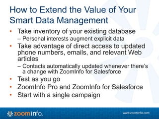 www.zoominfo.com
How to Extend the Value of Your
Smart Data Management
• Take inventory of your existing database
– Personal interests augment explicit data
• Take advantage of direct access to updated
phone numbers, emails, and relevant Web
articles
– Contacts automatically updated whenever there’s
a change with ZoomInfo for Salesforce
• Test as you go
• ZoomInfo Pro and ZoomInfo for Salesforce
• Start with a single campaign
 