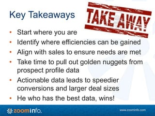 www.zoominfo.com
Key Takeaways
• Start where you are
• Identify where efficiencies can be gained
• Align with sales to ensure needs are met
• Take time to pull out golden nuggets from
prospect profile data
• Actionable data leads to speedier
conversions and larger deal sizes
• He who has the best data, wins!
 