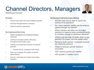 www.zoominfo.com
Channel Directors, Managers
My Goals
1. Acquire and retain the most strategic partners
2. Increase through-partner revenues
3. Improve partner productivity
My Frustrations/Pain Points
1. Proper management of constantly-changing
resources
2. Inability to manage partner efficiency
throughout entire sales cycle
3. Inability to orchestrate activities of channel
partners
 Partner Portal, campaign build inputs
4. How can I manage the quality of partner
deliverability?
5. How do I automate and speed information
transfer?
My Buying Criteria/Success Metrics
1. Will this new tool be able to report the
activity of my partners?
2. Do I have real-time visibility into the revenue
pipeline through my channel?
3. Which solution will allow me to enable
partners to respond more quickly/efficiently
to constant change in consumer demand?
4. Will this new tool help me better retain my top
partners? At a lower cost than present-day?
5. Revenue $ per partner, increased revenue
per returning partners
6. Ability to forecast partner demand
accurately
7. YOY revenue growth per reseller
8. YOY growth in reseller count
OEM Buyer Persona
 