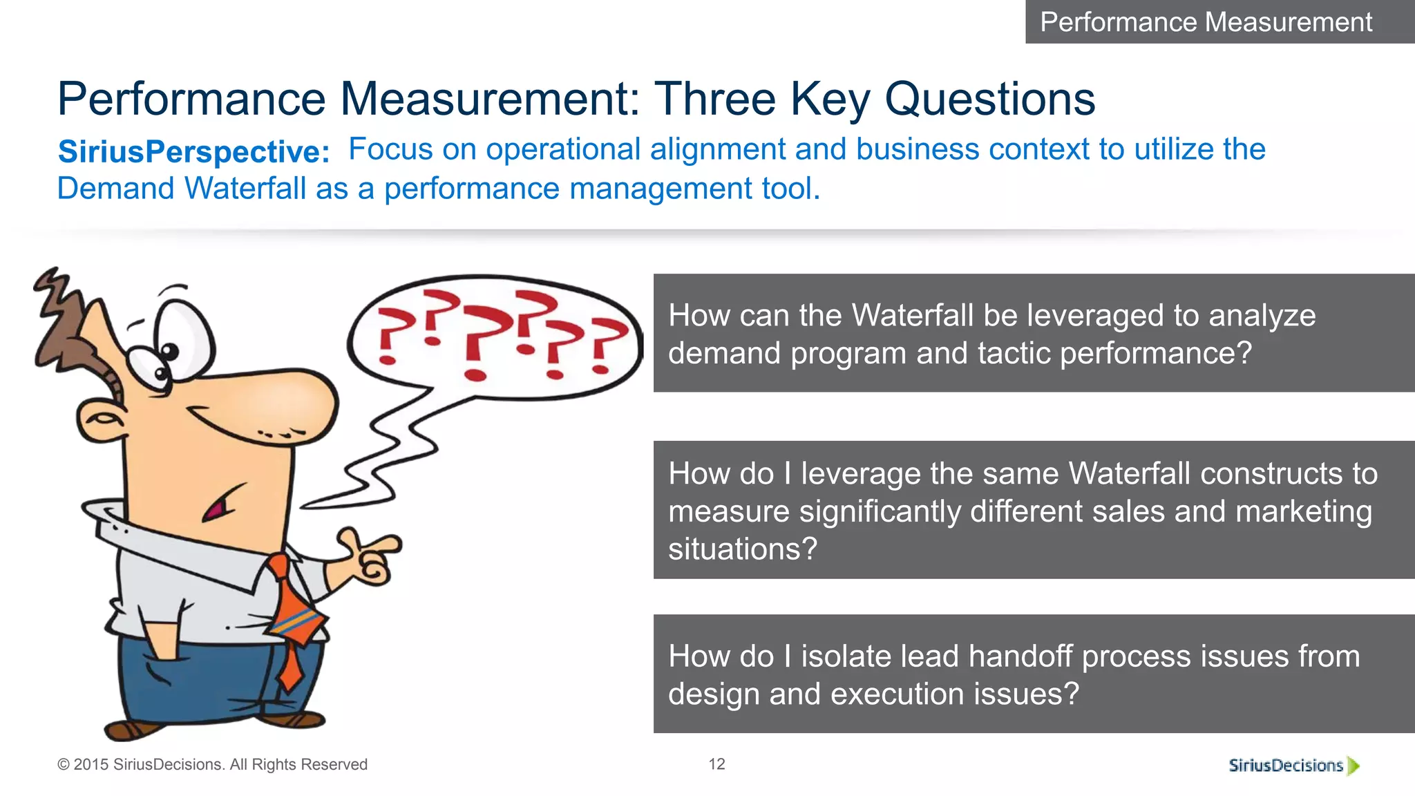 SiriusPerspective:
© 2015 SiriusDecisions. All Rights Reserved 12
Performance Measurement: Three Key Questions
Focus on operational alignment and business context to utilize the
Demand Waterfall as a performance management tool.
How can the Waterfall be leveraged to analyze
demand program and tactic performance?
How do I leverage the same Waterfall constructs to
measure significantly different sales and marketing
situations?
How do I isolate lead handoff process issues from
design and execution issues?
Performance Measurement
 