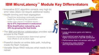 IBM MicroLatency™ Module Key Differentiators
• Innovative ECC algorithm corrects very high bit
error rates (does not require additional reads)
• Health binning and heat segregation
–FlashCore technology continually assesses
health by monitoring key parameters
–Hotter data placed in healthier blocks –
Up to 57% improvement in endurance!
–Write Amplification reduced by up to
45% by grouping like heat levels
• The IBM and Micron collaboration provides special
access to the Flash
–Extensive characterization determined optimal
read offsets to set as block ages
• Powerful checks on entire data path, including
inside the flash modules
• Variable Stripe RAID reduces what needs to be
retired
Results:
• Large endurance gains w/o latency
penalty
• Asymmetrical wear leveling results in
higher endurance in real life workloads!
• Performance does not worsen with Age!!
• Outstanding data reliability
and improved endurance
 