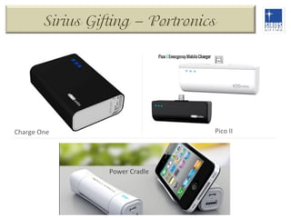 Sirius Gifting – Portronics

Pico	
  II	
  

Charge	
  One	
  

Power	
  Cradle	
  

 