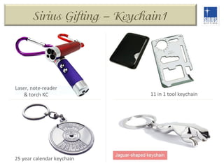 Sirius Gifting – Keychain1

Laser,	
  note-­‐reader	
  
&	
  torch	
  KC	
  

25	
  year	
  calendar	
  keychain	
  

11	
  in	
  1	
  tool	
  keychain	
  

 